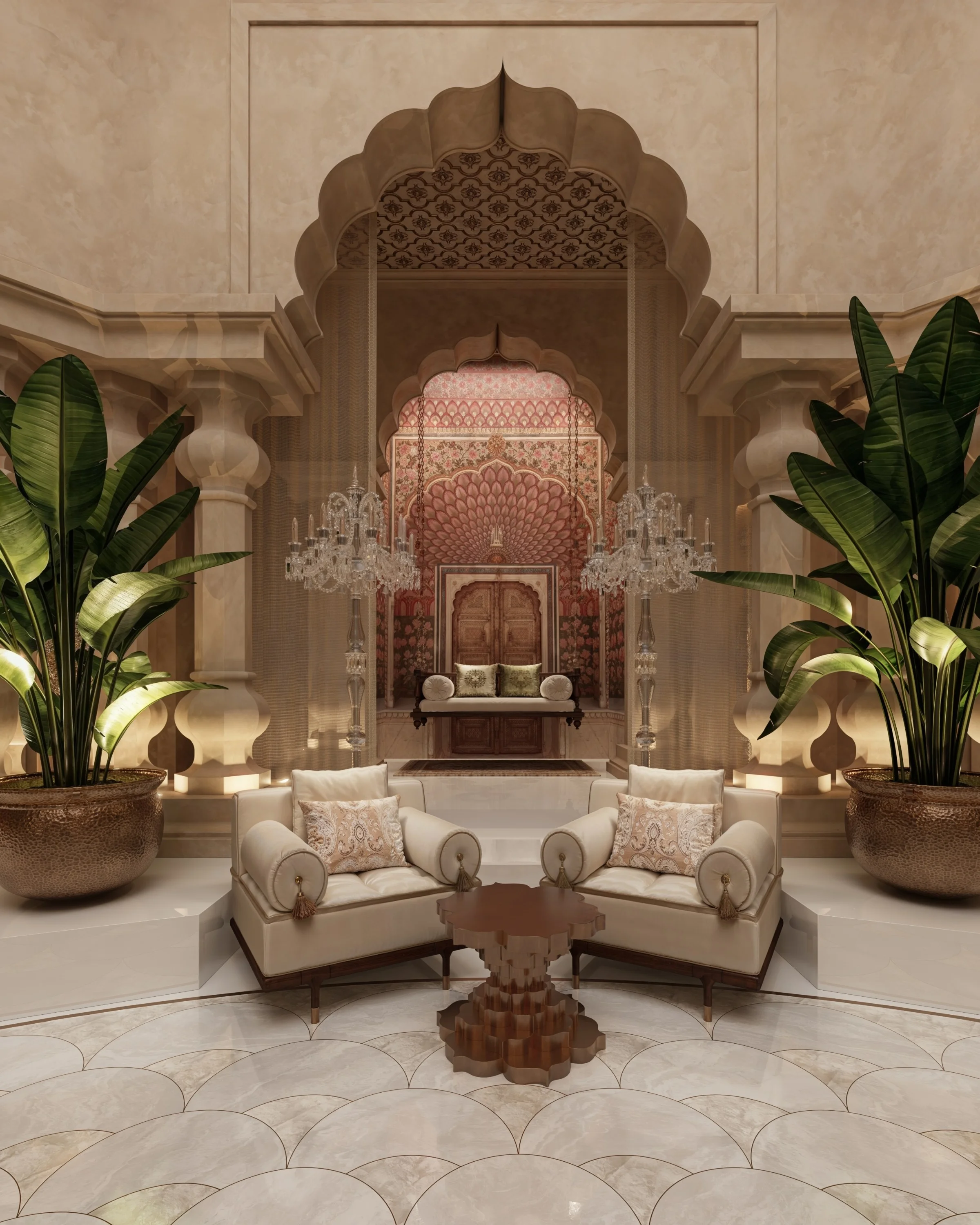 Seating niche under a scalloped arch, with a pink patterned alcove, crystal candelabras and palms in brass pots