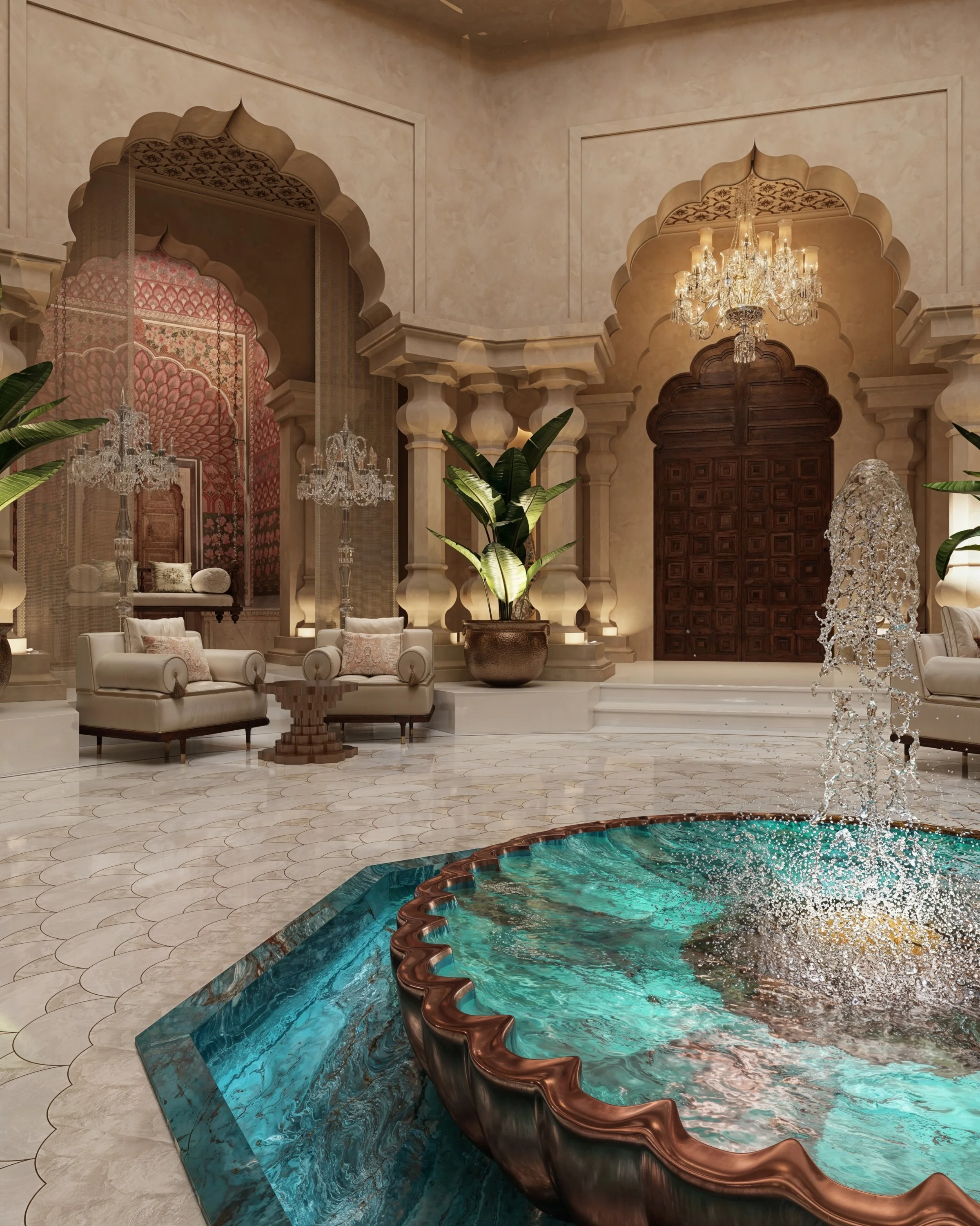 Close view of the turquoise fountain, water rising from its scalloped bowl, arches and carved doors behind