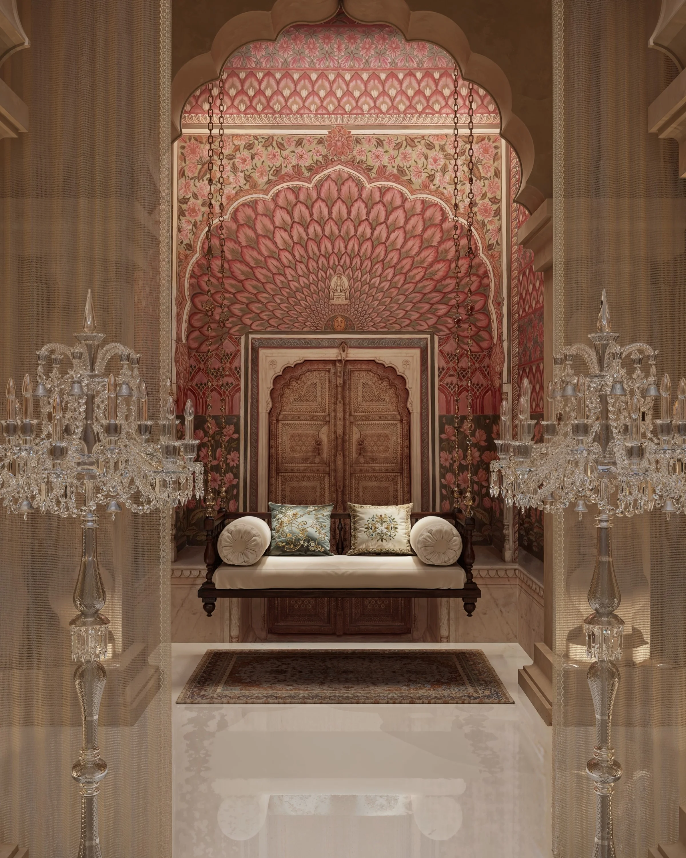 Swing seat in a pink lotus-pattern niche, a carved wooden door behind and crystal candelabras either side