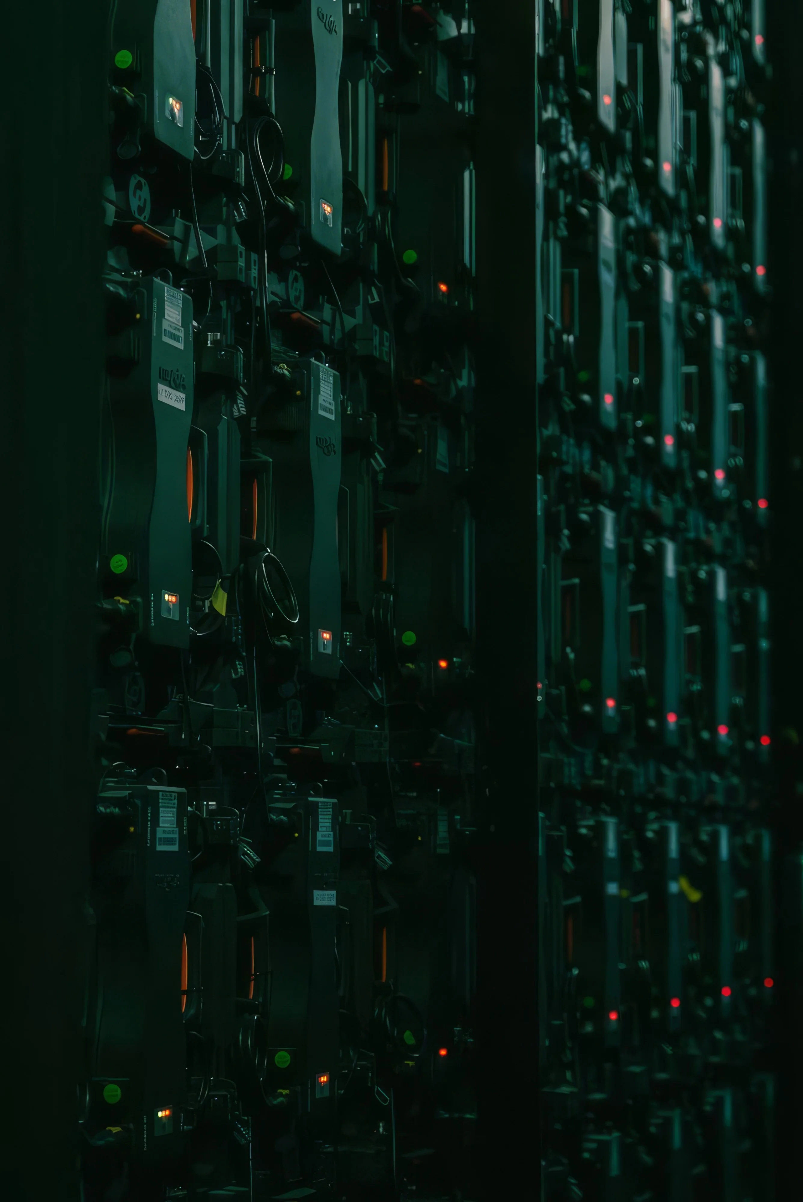 Rows of server cabinets in a dark data centre.